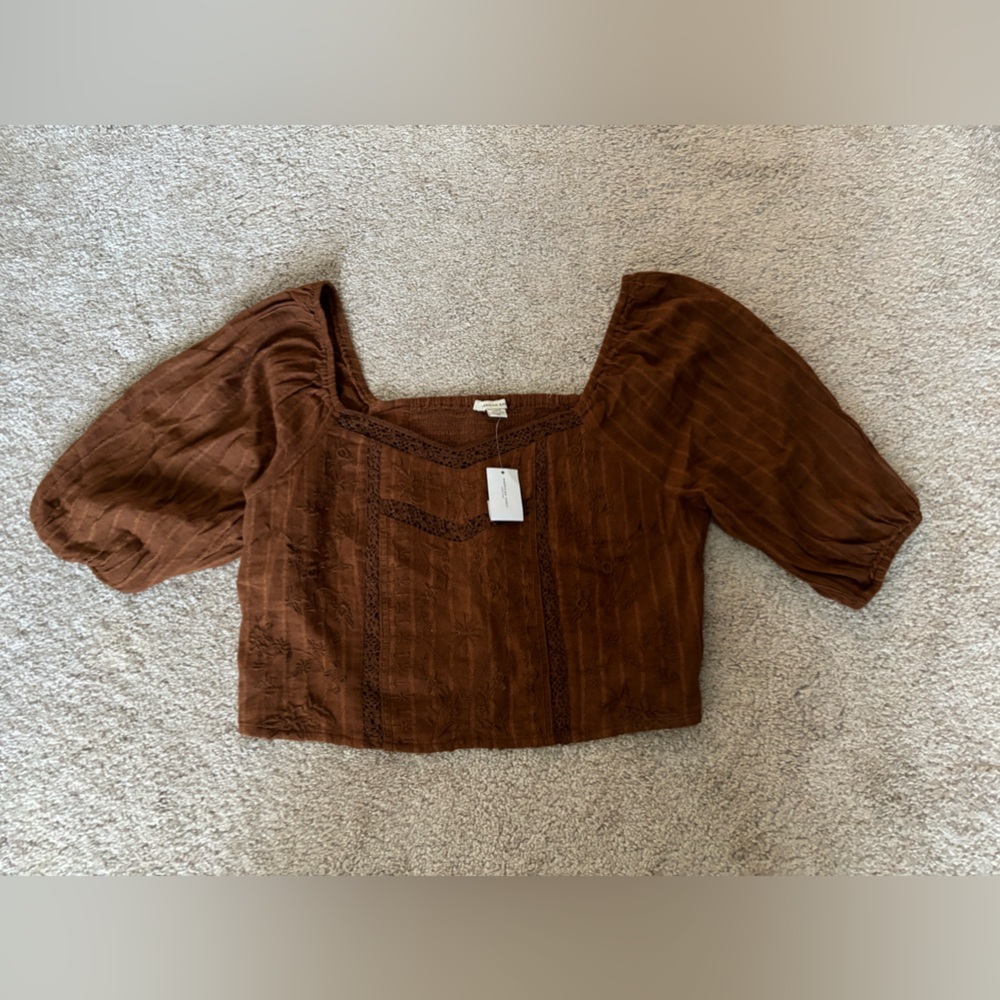 American Eagle Brown Short Sleeve Smocked Crop Top, Size L, NWT